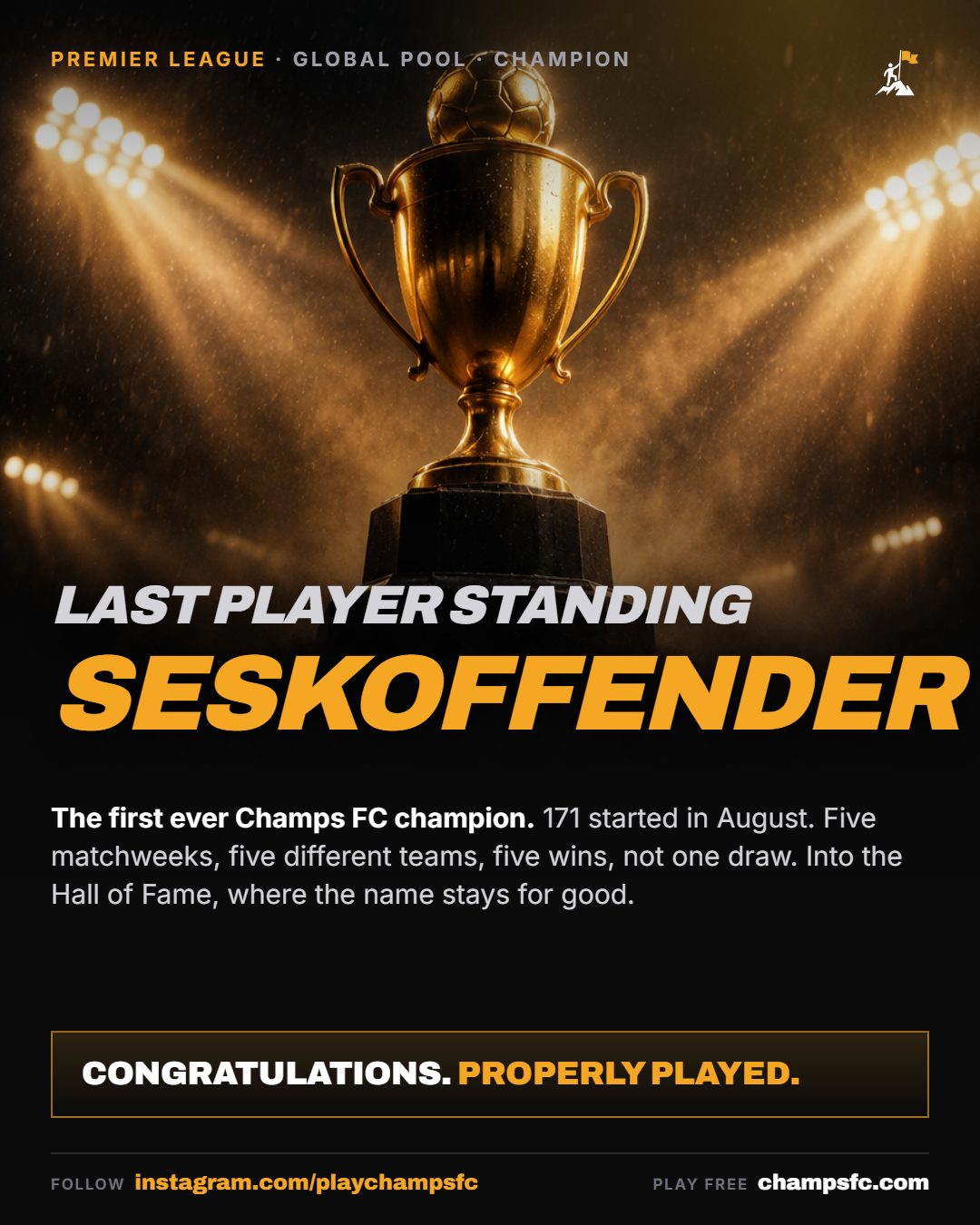 The Champs FC trophy under floodlights with the winner's name, SeskOffender