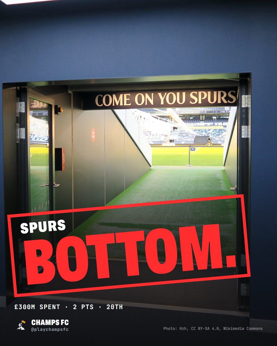 The players' tunnel at Tottenham Hotspur Stadium under a Come On You Spurs sign, stamped SPURS BOTTOM
